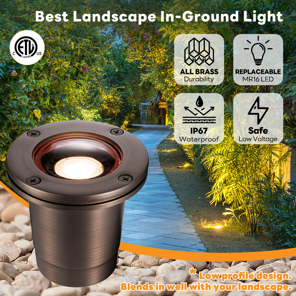 Gardenreet Brass In-ground Well Lights, Low Voltage IP67 Waterproof 12V LED Outdoor Landscape Lighting(Open Top 0201)
