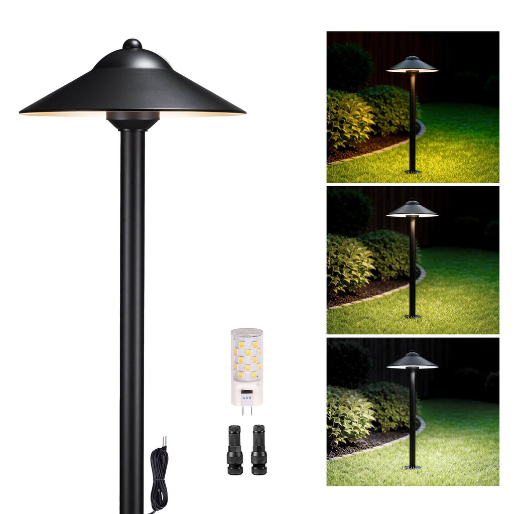 Brass path light mounted on garden and walkway, illuminating the area with warm & daylight white light.