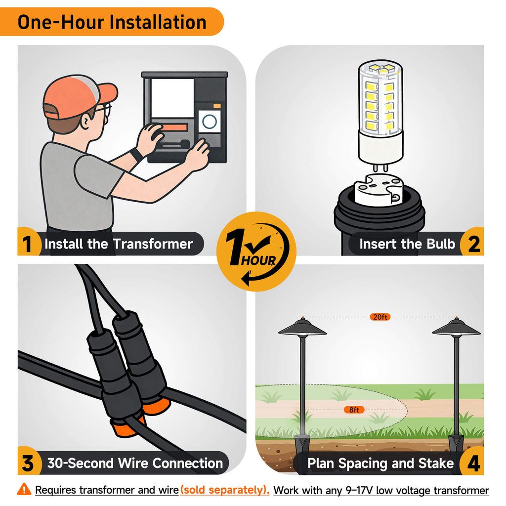 Solid brass path light installed on walkwayl, showing low-voltage wiring connected to a transformer.