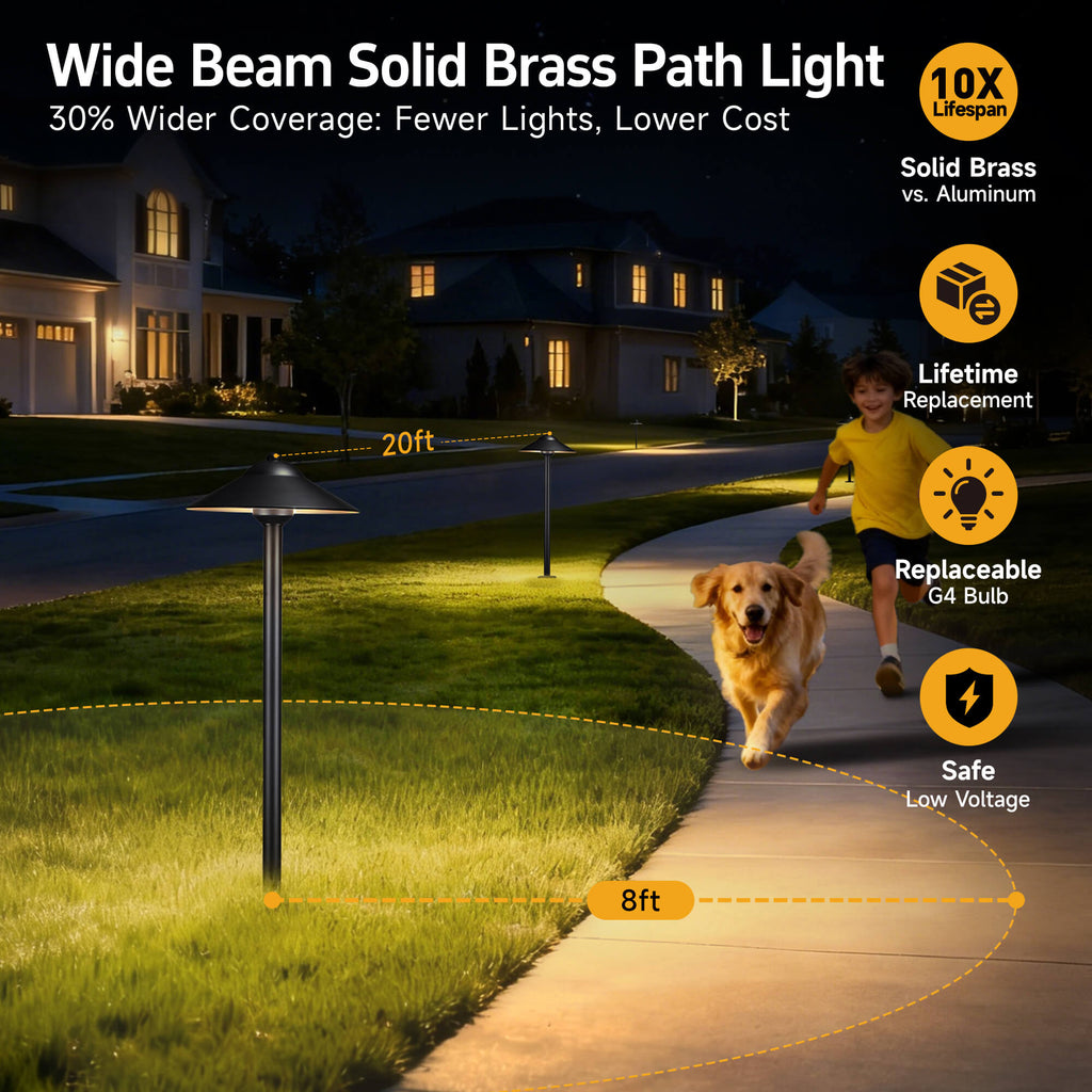 Solid brass path light highlighting its wide-area illumination, 12V, waterproof, and lifetime warranty features.