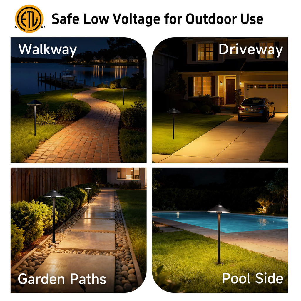 A series of outdoor scenes showing a solid brass path light installed on walkway, driveway, garden, path, pool side.