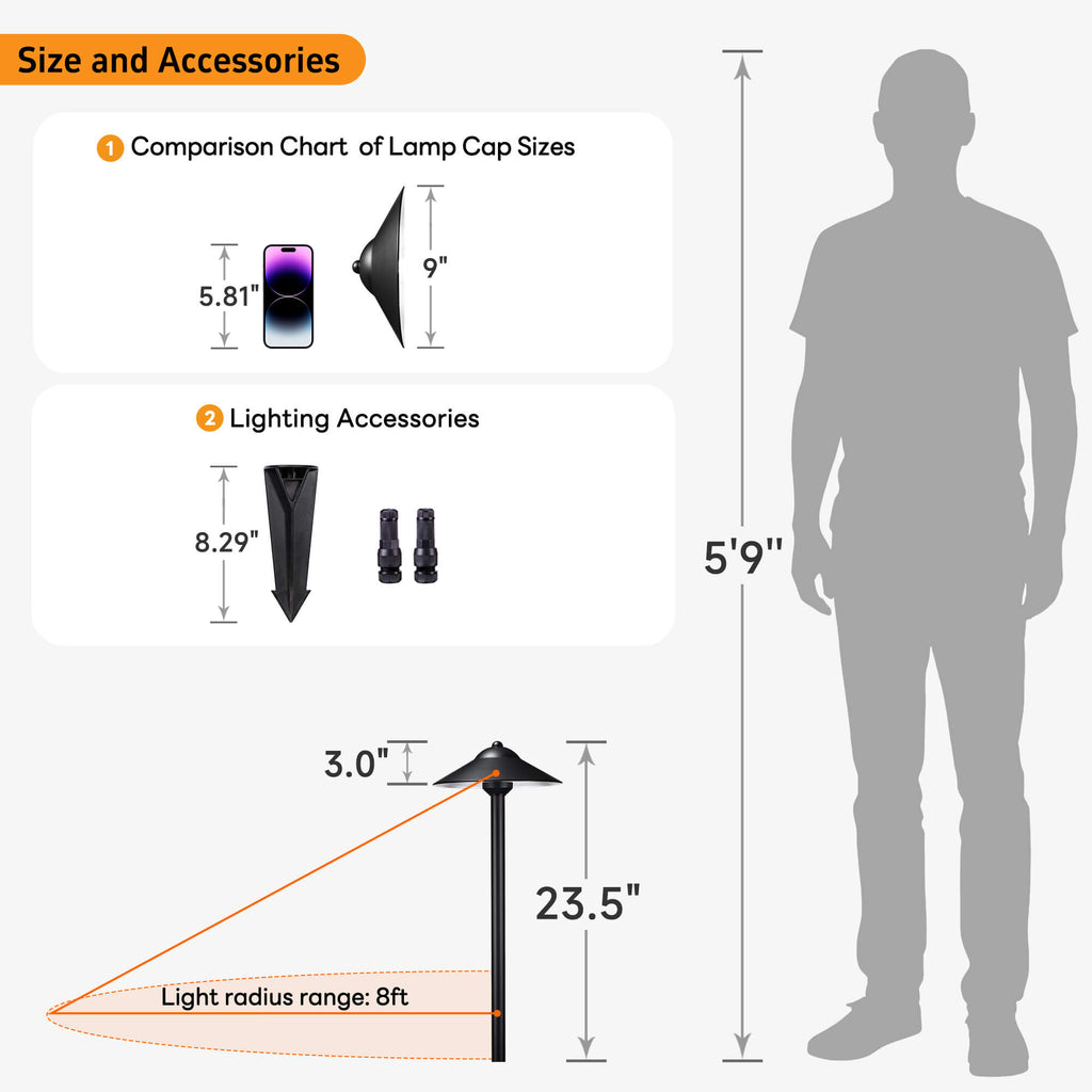 Solid brass path light dimension accessories drawing, width 9 in, height 23.5 in, length 9 in.