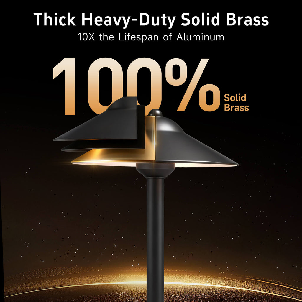 Close-up of the solid brass walkway light's heavy-duty cover, showcasing the rust-proof material and sleek design.