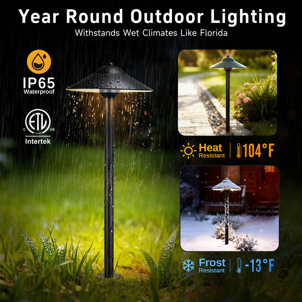 IP65 waterproof solid brass sideway light enduring various temperatures, from -13°F to 104°F, in an outdoor setting.