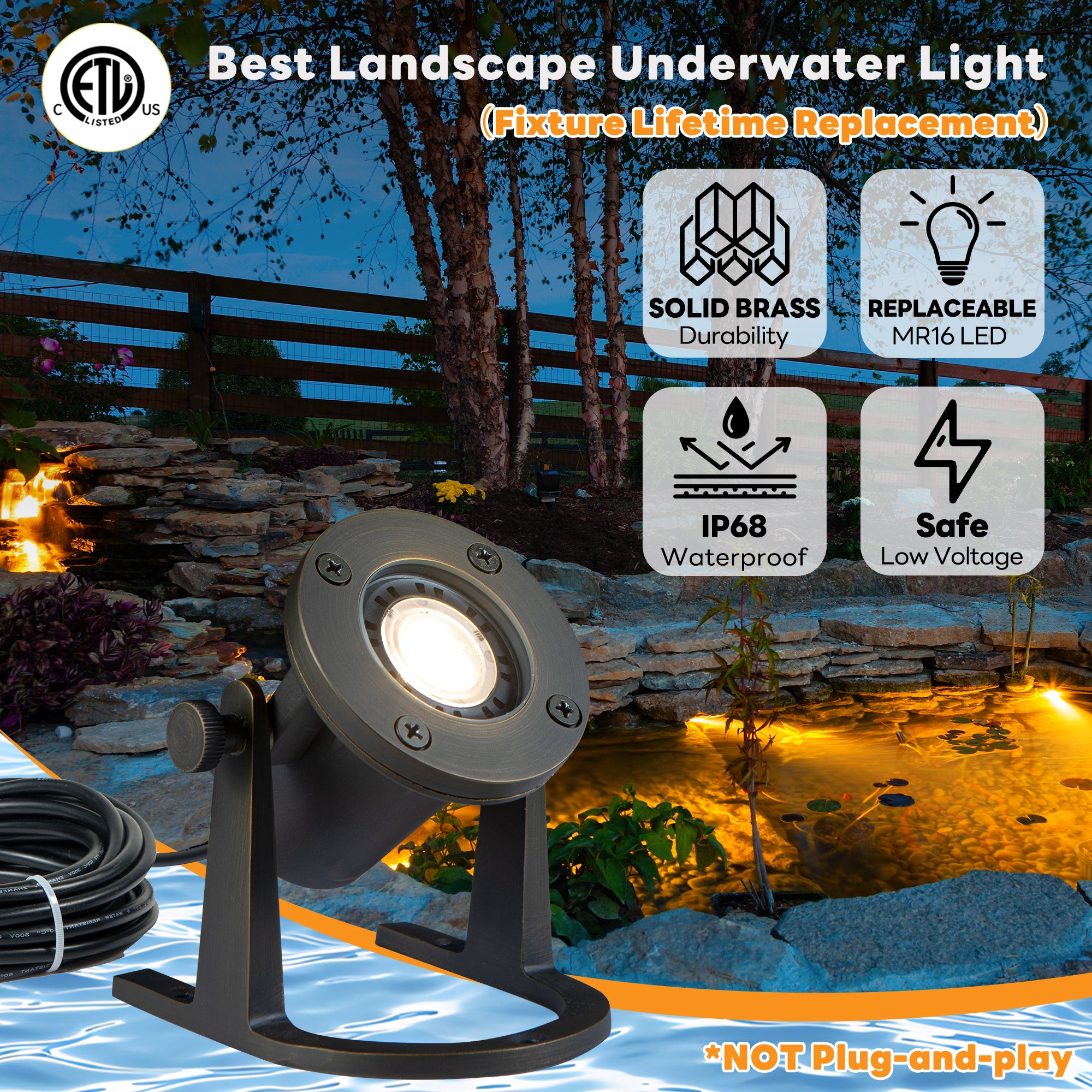 Solid Brass 12V Underwater Pond Light - Submersible LED Spotlight With 7W MR16 Bulb For Pools, Fountains & Water Features