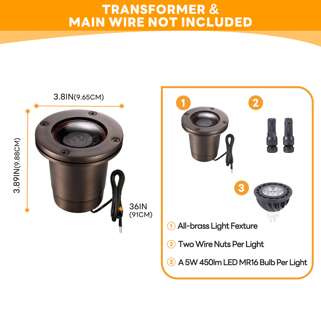 Gardenreet Brass In-ground Well Lights, Low Voltage IP67 Waterproof 12V LED Outdoor Landscape Lighting(Open Top 0201)
