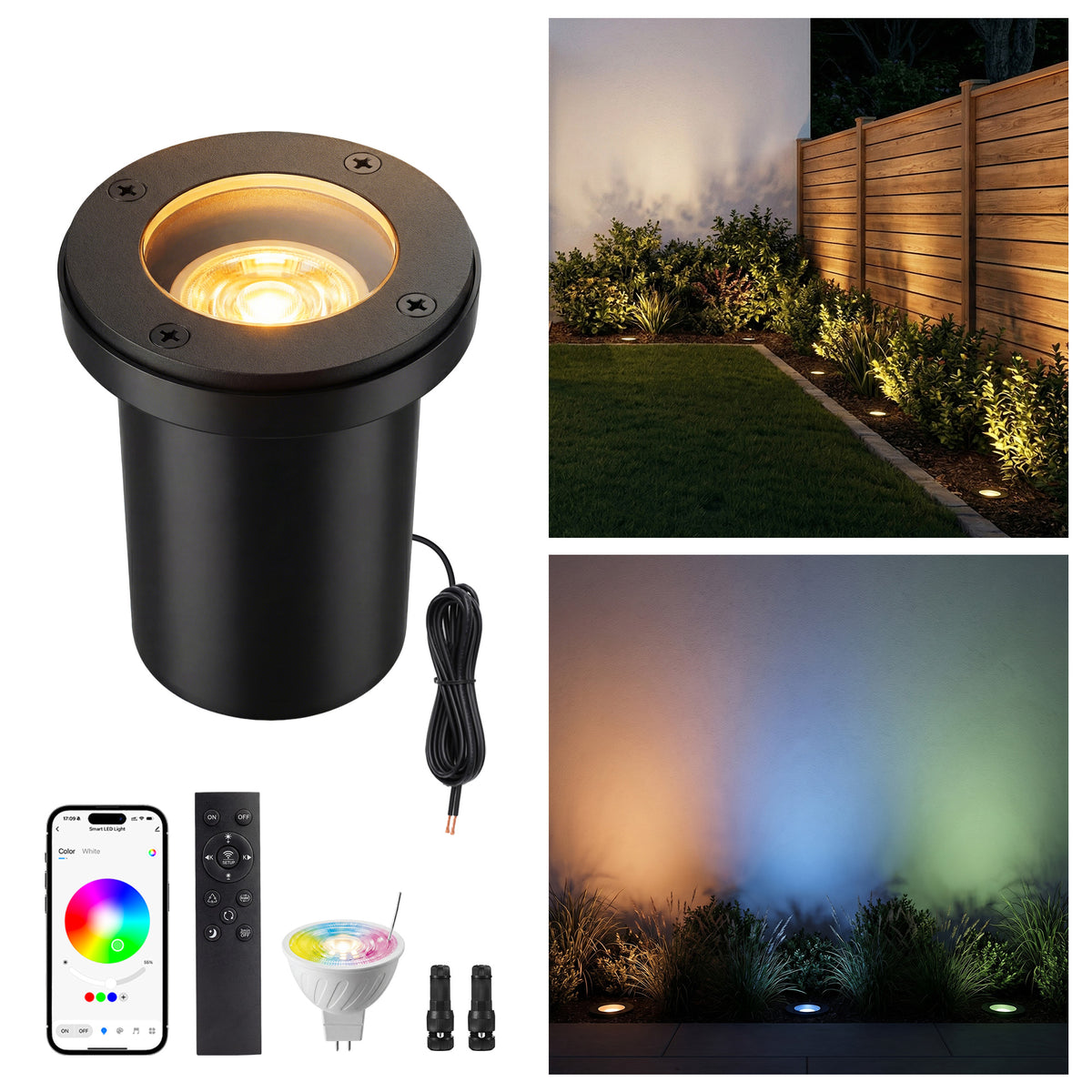 Gardenreet RGBCW Aluminum Well Light - Lamp Ready 12V Smart Low Voltage LED 2700K-6500K with App & Remote Control (Open Top 9207)