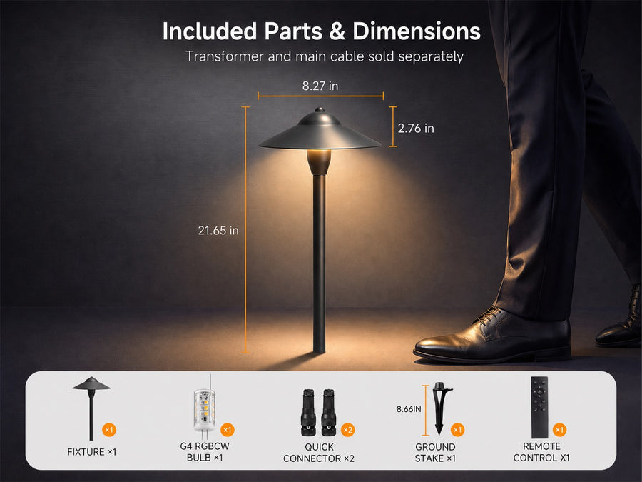 Gardenreet RGBCW Aluminum Path Light - Lamp Ready 12V Smart Low Voltage LED 2700K-6500K with App & Remote Control (9407) - Package Install QA Mobile 1