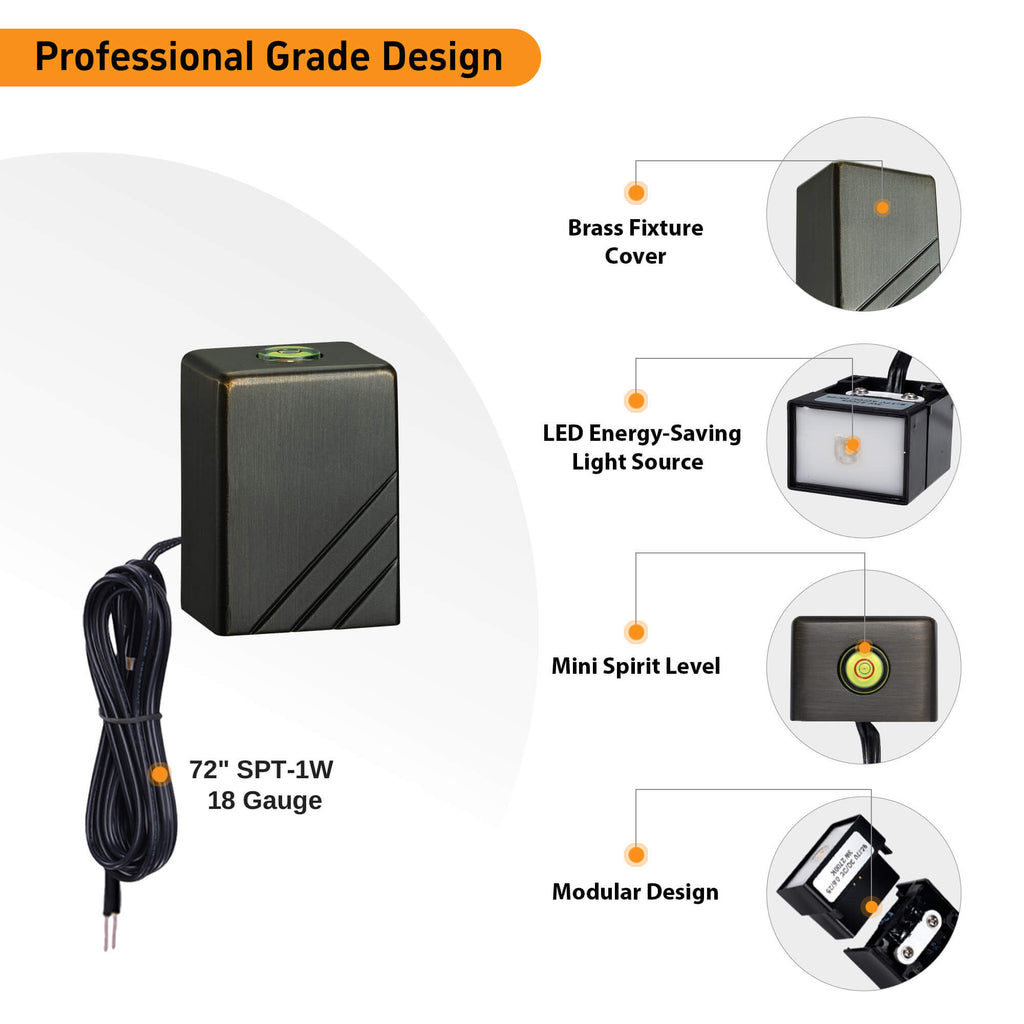 Detailed view of a brass deck light cover, modular design with energy-efficient LED bead and mini installation leveler.