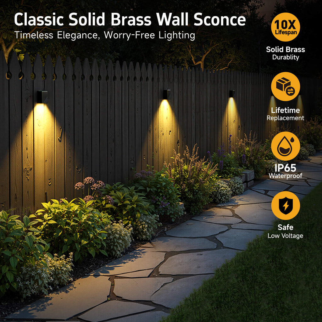 Solid brass deck light mounted on a wooden fence, highlighting its 12V, waterproof, and lifetime warranty features.
