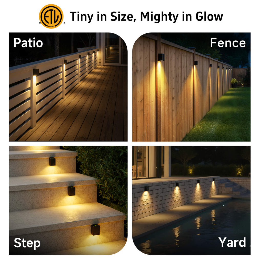 A series of outdoor scenes showing a solid brass deck light installed on steps, fences, yards, and patios.