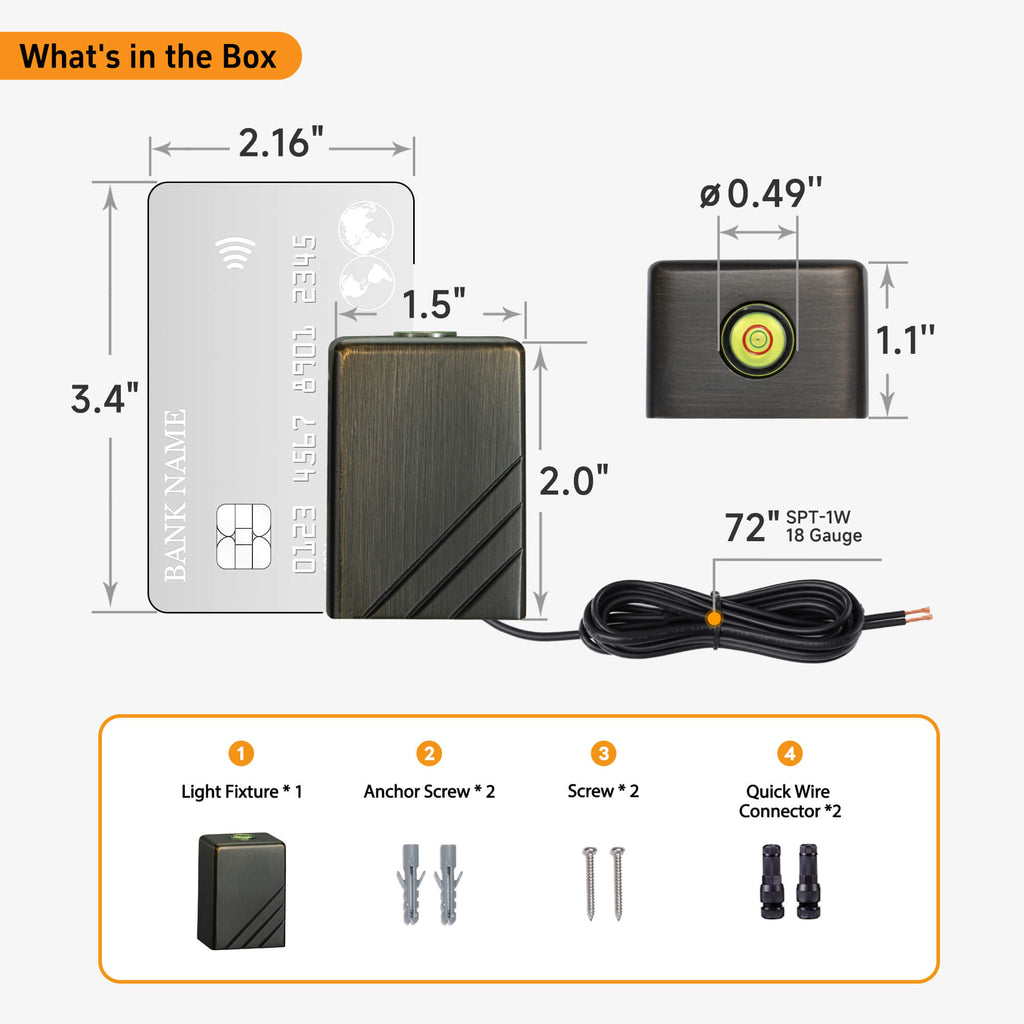Solid brass deck light dimension accessories drawing, width 1.1 in, height 2 in, length 1.5 in.