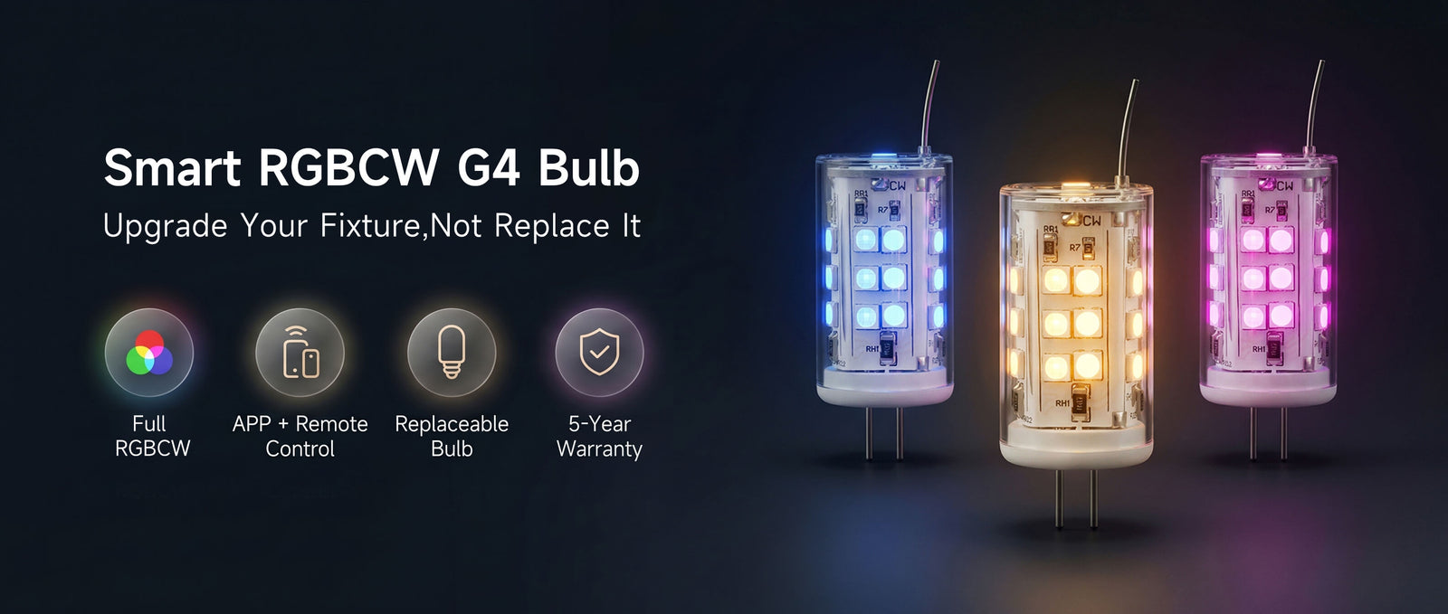 Gardenreet Smart RGBCW G4 LED Bulbs 2 Pack, 3W 270lm Warm White & RGB Color Changing, Landscape Light Bulbs - Hero Desktop 1