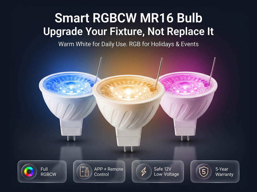 Gardenreet Smart RGBCW MR16 LED Bulbs 2 Pack, 5W 450lm Warm White & RGB Color Changing, Landscape Light Bulbs - Hero Mobile 1