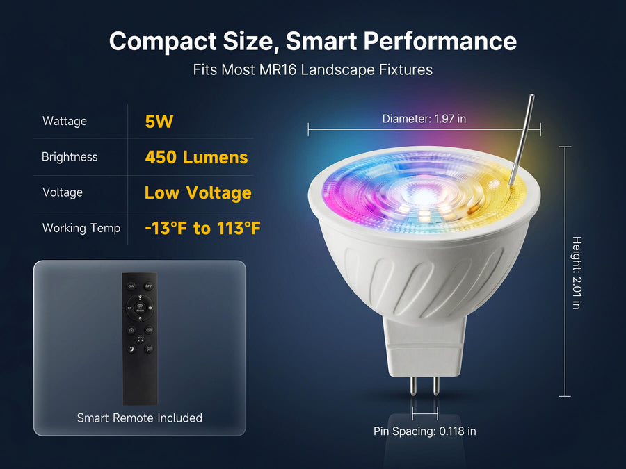 Gardenreet Smart RGBCW MR16 LED Bulbs 2 Pack, 5W 450lm Warm White & RGB Color Changing, Landscape Light Bulbs - Package Install QA Mobile 1
