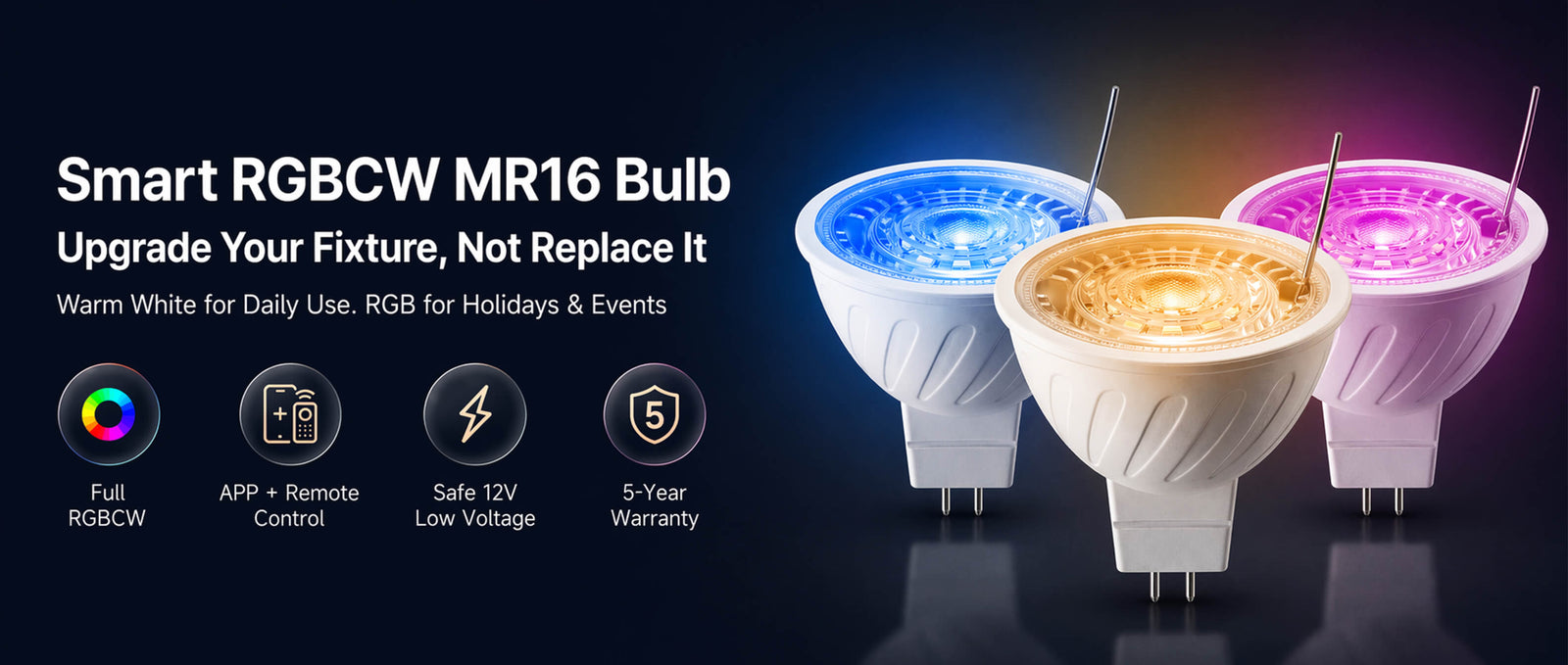 Gardenreet Smart RGBCW MR16 LED Bulbs 2 Pack, 5W 450lm Warm White & RGB Color Changing, Landscape Light Bulbs - Hero Desktop 1