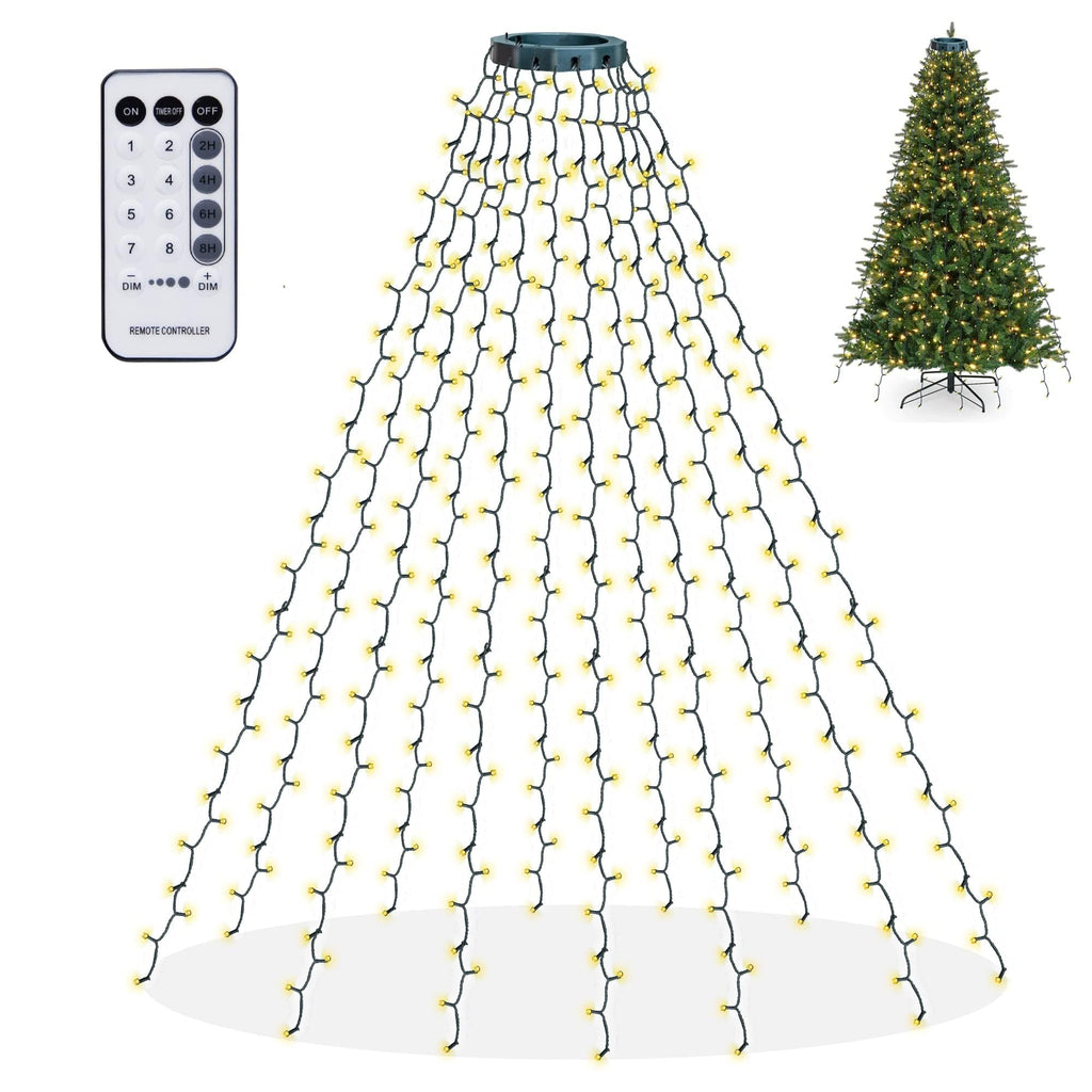 Christmas Tree Lights, 448 LED Waterfall Tree Topper Lights with Remote & 8 Lighting Modes, 8.2FT X 16 Lines Christmas Light for Indoor Outdoor Yard Party Xmas Decoration (Warm White) 1 Pack
