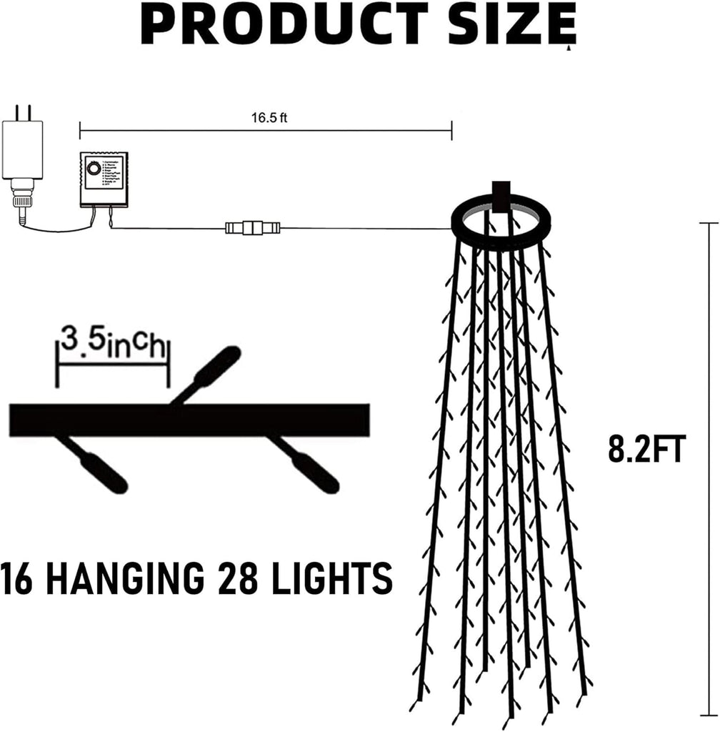 Christmas Tree Lights, 448 LED Waterfall Tree Topper Lights with Remote & 8 Lighting Modes, 8.2FT X 16 Lines Christmas Light for Indoor Outdoor Yard Party Xmas Decoration (Warm White) 1 Pack