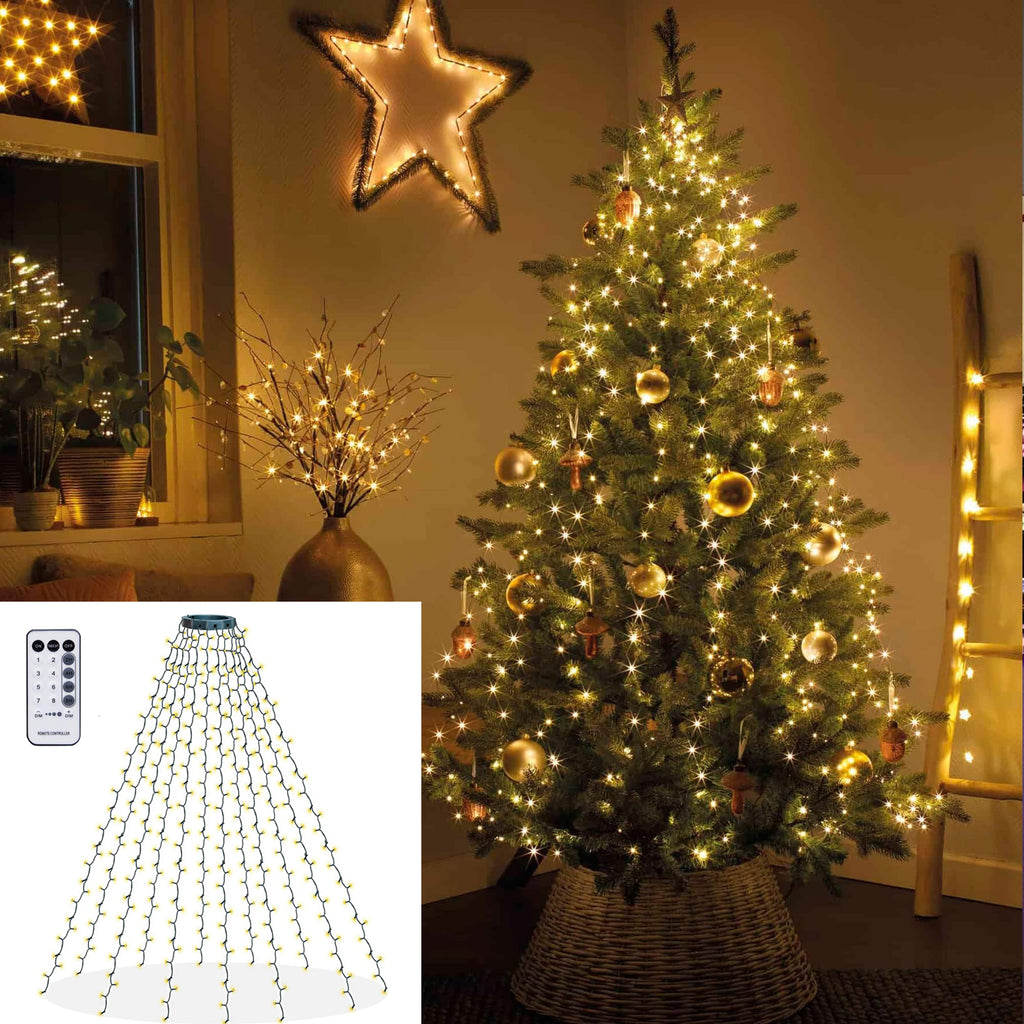 Christmas Tree Lights, 448 LED Waterfall Tree Topper Lights with Remote & 8 Lighting Modes, 8.2FT X 16 Lines Christmas Light for Indoor Outdoor Yard Party Xmas Decoration (Warm White) 1 Pack