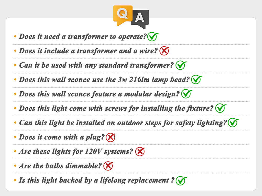 FAQ section for deck lights, answering common customer questions about installation, warranty, and specifications.