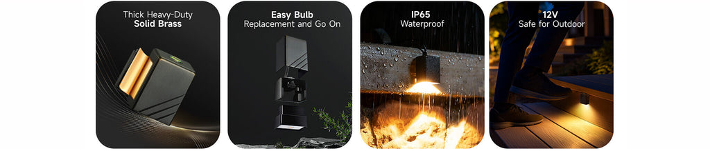 Product diagram of deck light highlighting the solid cover, modular design, safe 12V low voltage, and IP65 waterproof.