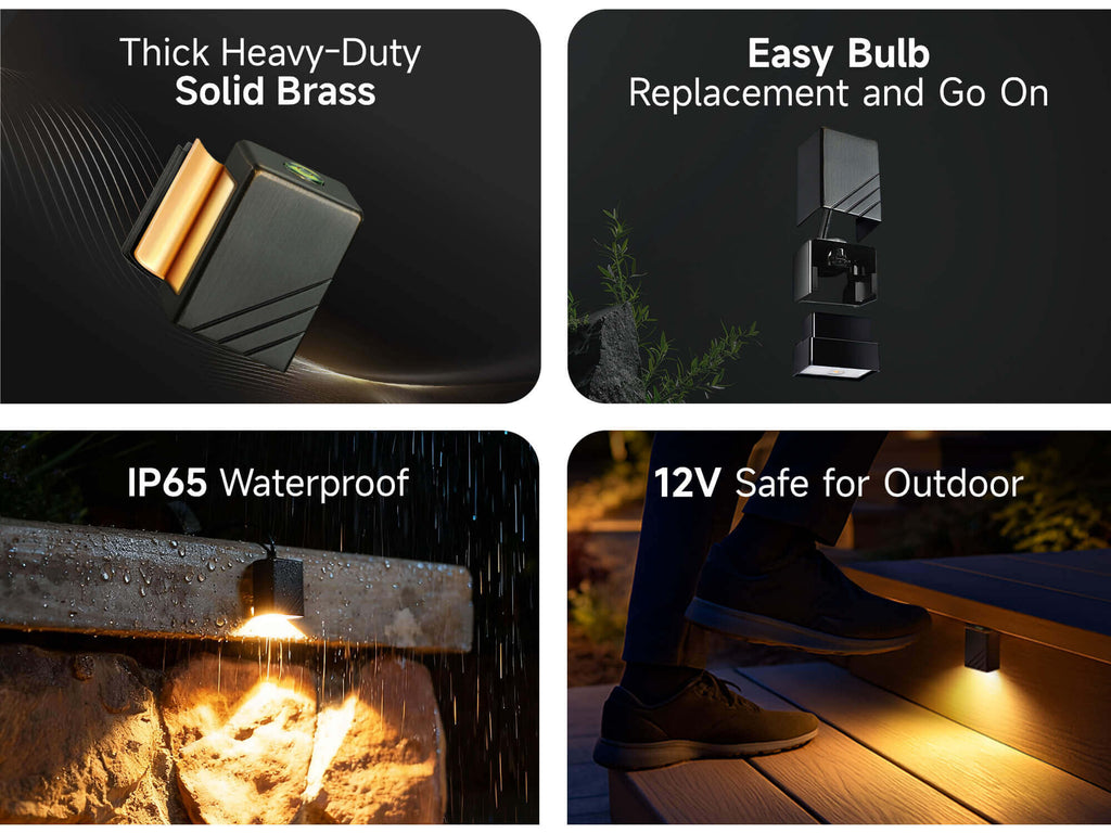 Product diagram of deck light highlighting the solid cover, modular design, safe 12V low voltage, and IP65 waterproof.