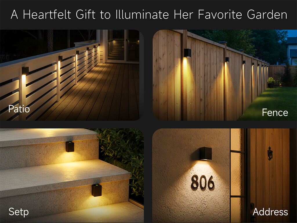 A series of outdoor scenes showing a solid brass deck light installed on steps, fences, yards, and patios.