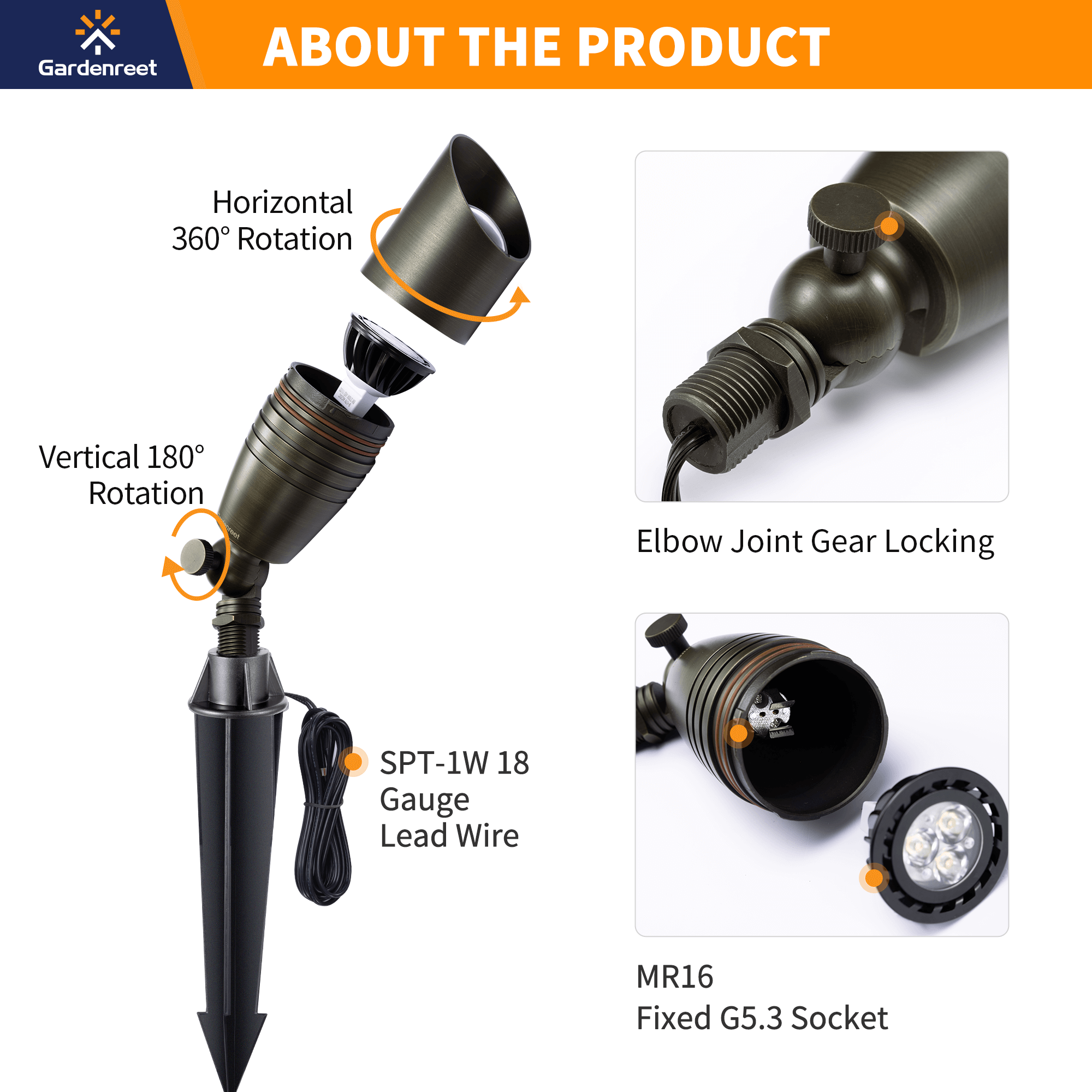 Gardenreet Solid Brass Landscape Spotlight 12V Bronze Black Copper 2105 with 2700K Bulb Antique Bronze