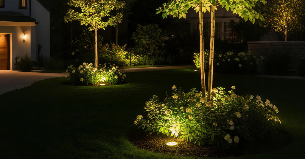 Garden scene with well lights installed flush in lawn beds, uplighting trees, shrubs, and borders for night clarity.