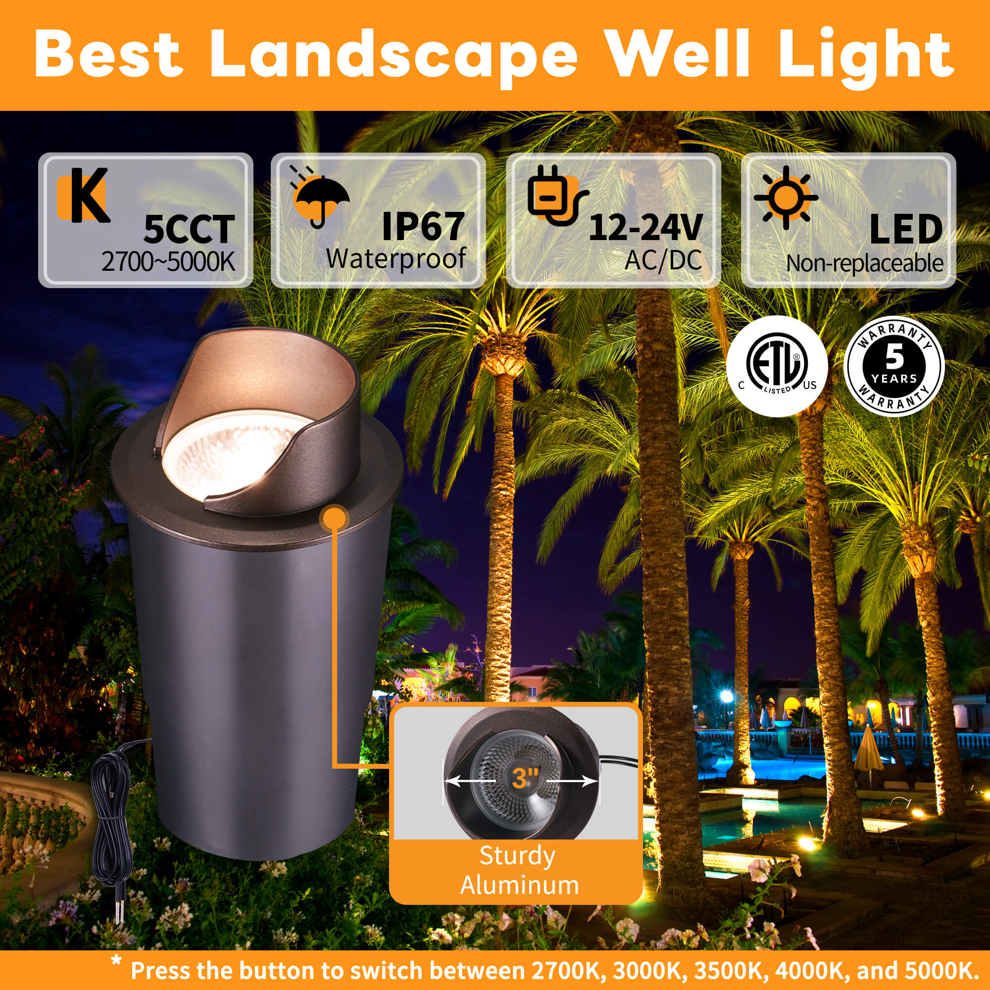 Aluminum In-Ground Well Lights, 5 Colors Temp Adjustable IP67