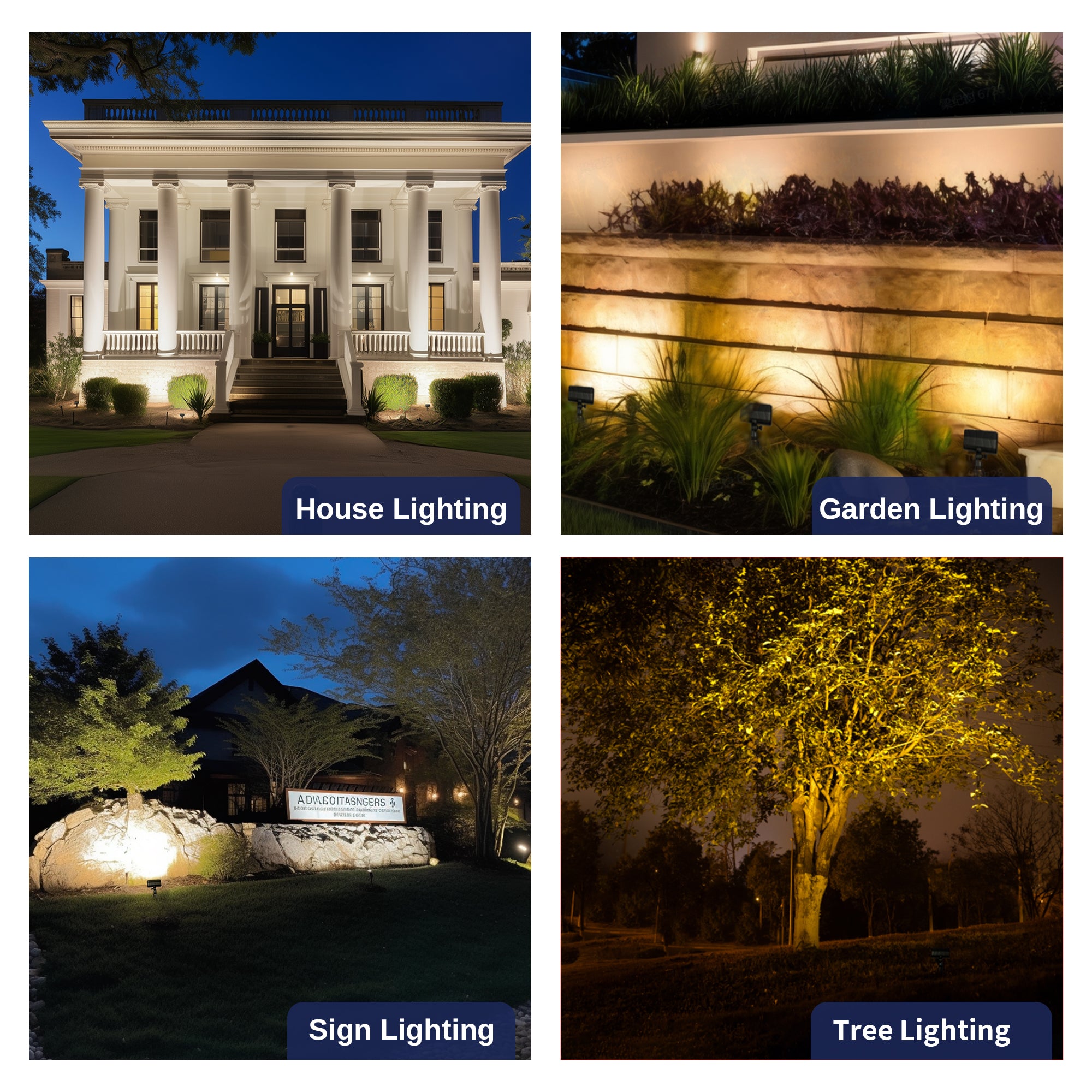 residential flood light installation examples on house walls and trees