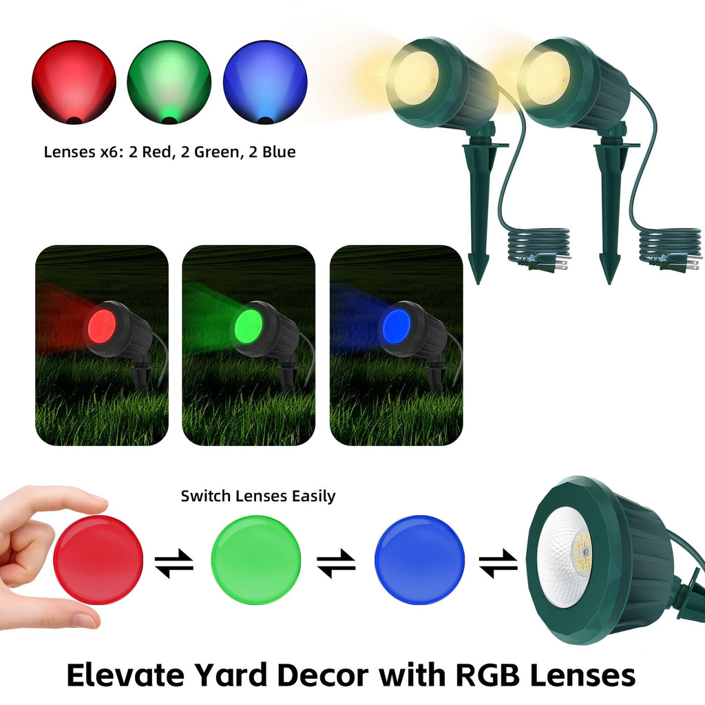 Christmas Spotlight Outdoor, 2700K Warm White RGB LED Landscape Spot Lights, IP67 Plug-in for Yard & Garden Decor