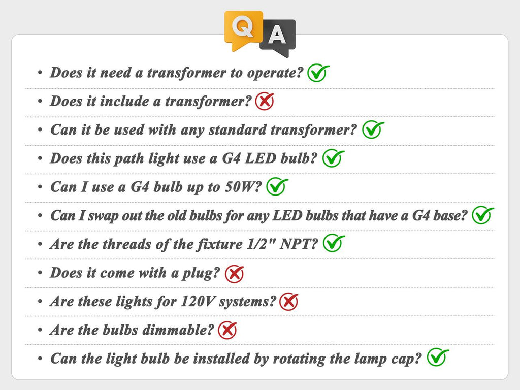 FAQ section for path lights, answering common customer questions about installation, warranty, and specifications.