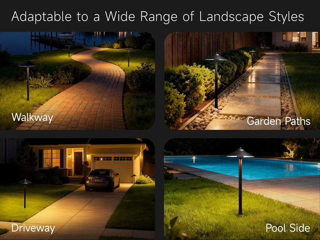 A series of outdoor scenes showing a solid brass path light installed on walkway, driveway, garden, path, pool side.