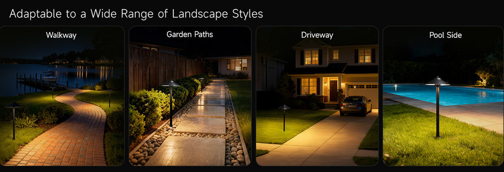 A series of outdoor scenes showing a solid brass path light installed on walkway, driveway, garden, path, pool side.
