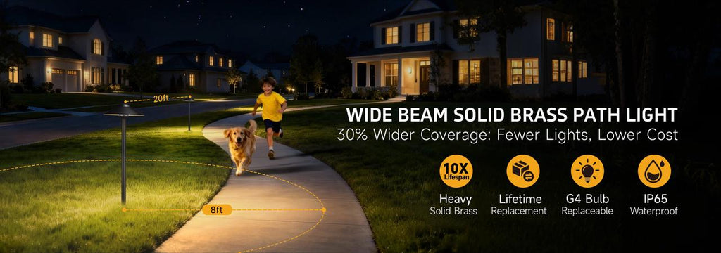 Product diagram of path light highlighting the solid cover, big hat design, safe 12V low voltage, and IP65 waterproof.