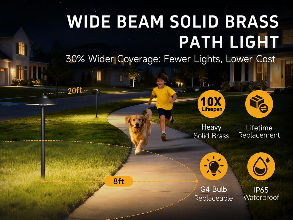 Product diagram of path light highlighting the solid cover, big hat design, safe 12V low voltage, and IP65 waterproof.