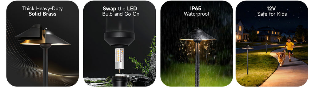 Detailed view of a brass path light cover, big hat design with energy-efficient LED G4 base and 360° Waterproof Protection.