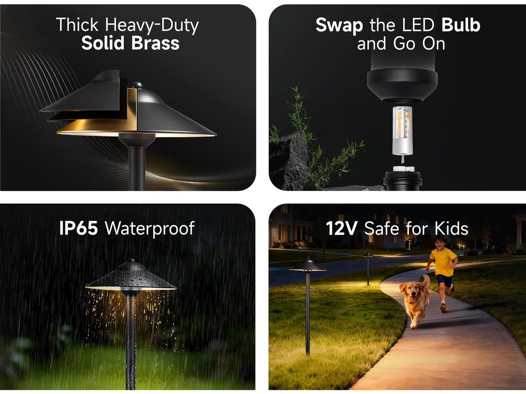 Detailed view of a brass path light cover, big hat design with energy-efficient LED G4 base and 360° Waterproof Protection.