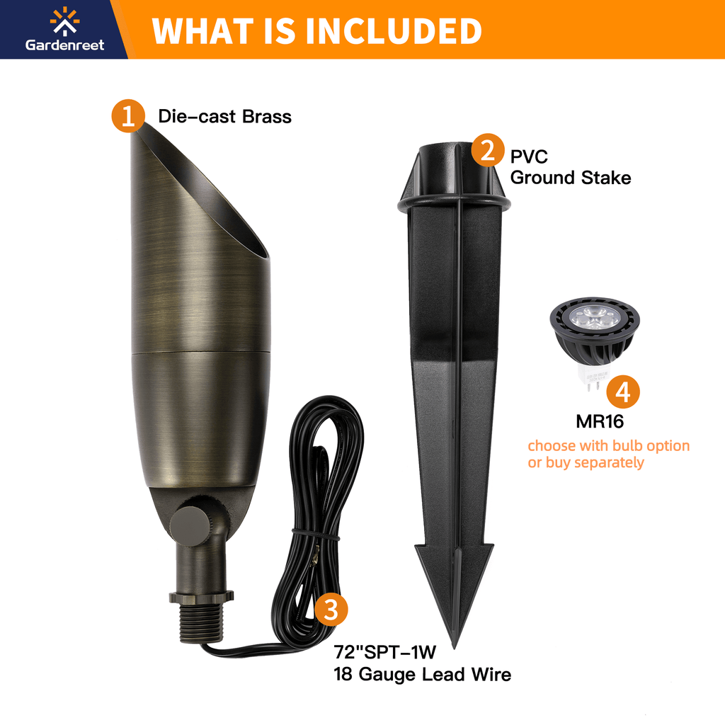 outdoor brass long shroud spotlight with pvc mr16 wire